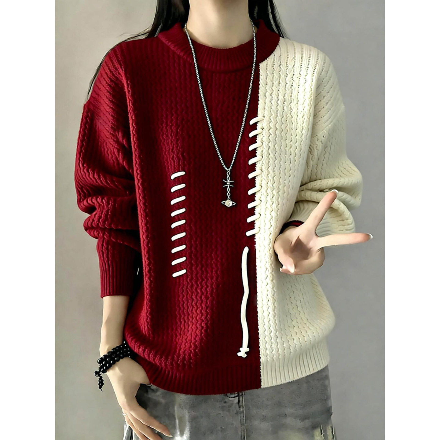 本命年马年衣服撞色拼接圣诞穿搭红色毛衣男秋冬氛围感打底针织衫,男装,针织衫/毛衣,淘宝优惠券,粉丝福利购,淘宝优惠卷