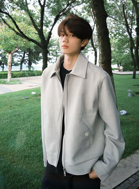 灰色高级感西装外套男秋季行政风哈灵顿翻领夹克短款痞帅休闲西服