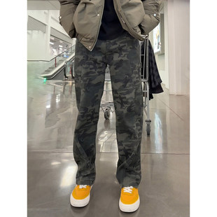 美式复古迷彩牛仔裤男款冬季潮牌厚款加绒裤子高街斜切弯刀工装裤