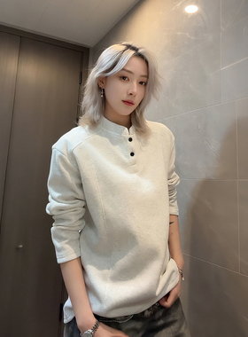 花灰色美式加绒polo卫衣男秋冬亨利领拼接长袖t恤重磅内搭打底衫