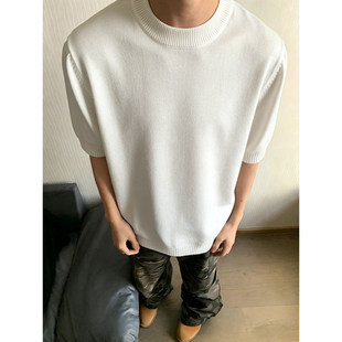 白色修身针织短袖男款夏季小领口正肩收袖口t恤内搭打底半袖毛衣