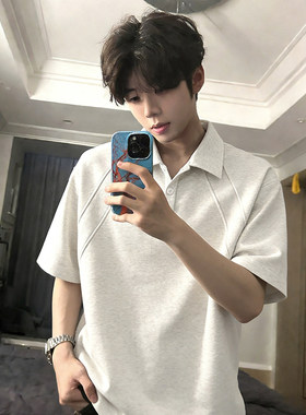 白灰色美式翻领短袖Polo衫男款夏季boxy版型t恤重磅正肩内搭半袖