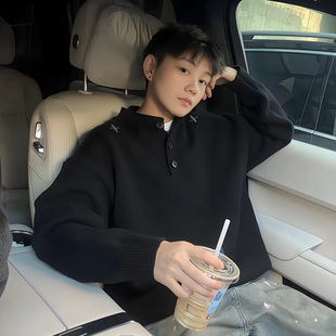 美式亨利领刺绣长袖毛衣男款春季慵懒高级感针织衫加厚内搭打底衫