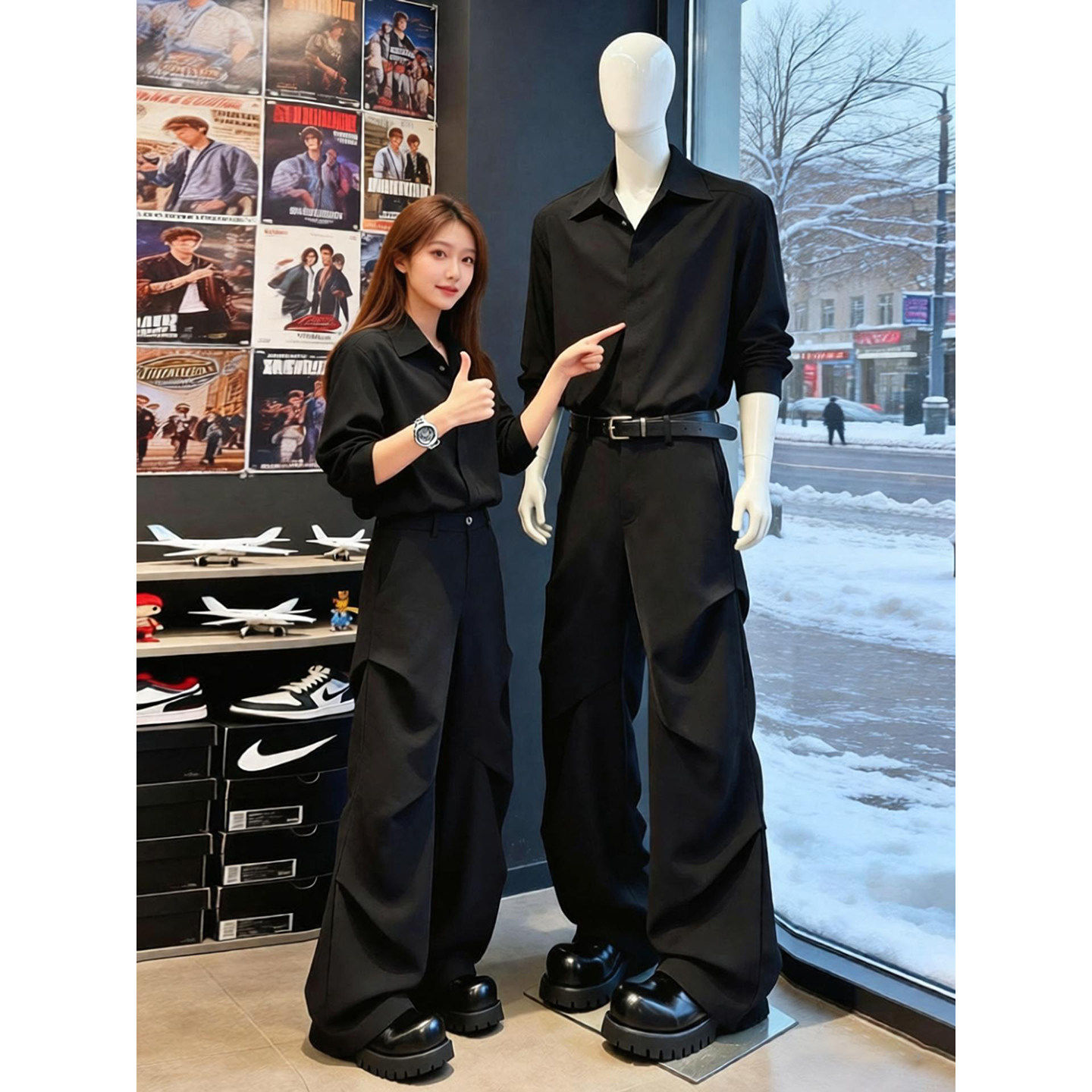 黑色加绒长袖衬衫男士秋冬高级感西装内搭衬衣英伦轻熟风男装外套