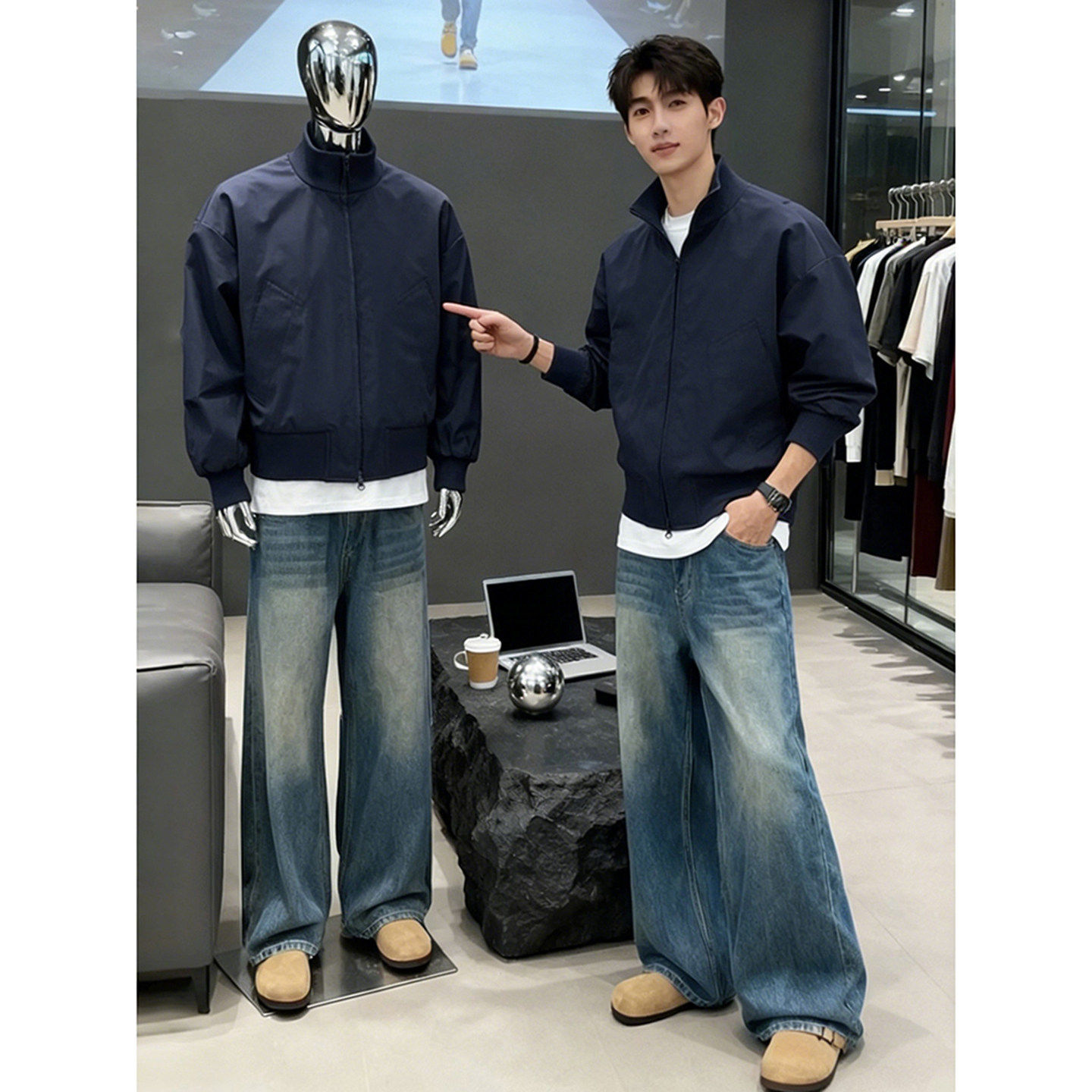 藏青色美式立领飞行夹克男春季boxy廓形短款外套高级感工装冲锋衣