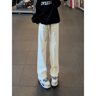 人字纹白色加绒裤子男款秋冬青少年美式运动卫裤直筒显瘦休闲长裤