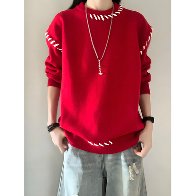 红色圆领加厚毛衣男慵懒风针织衫