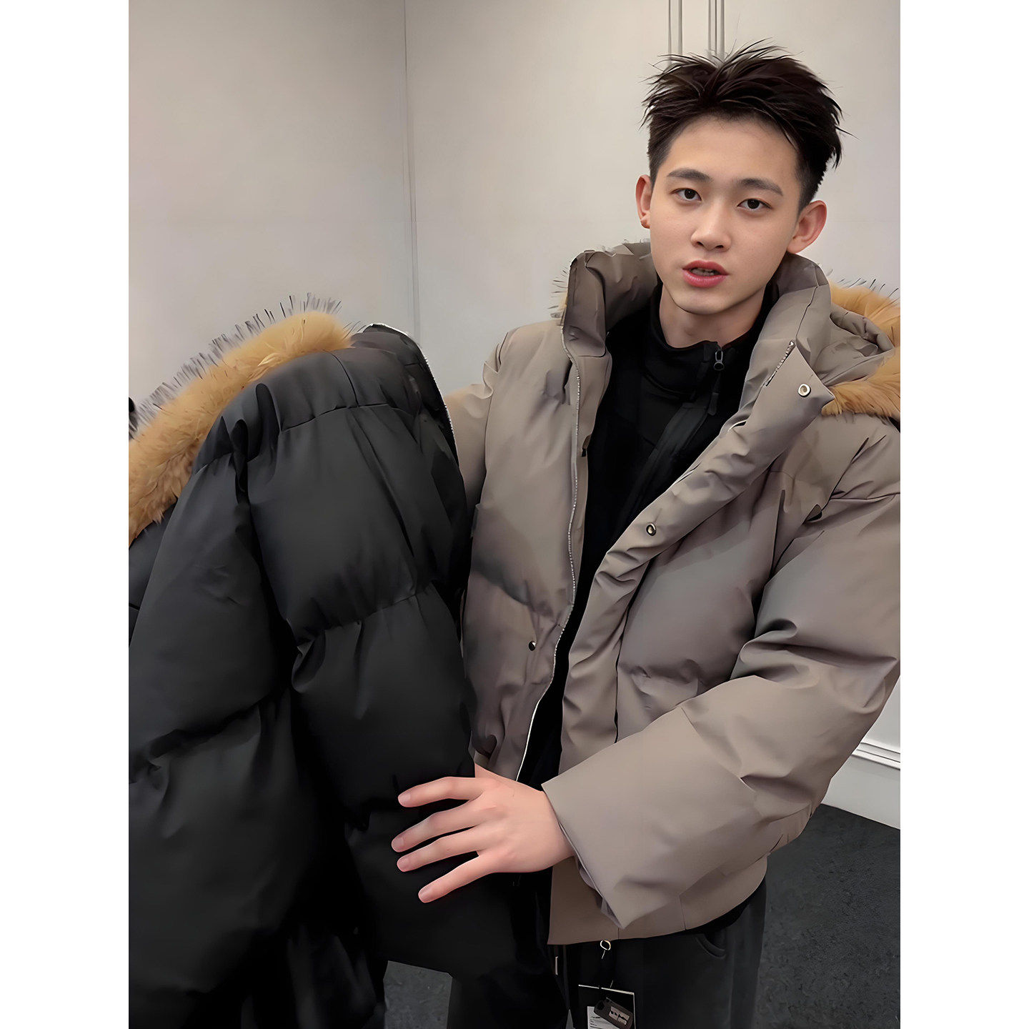 咖色大毛领PU皮衣羽绒棉服男款冬季美式保暖棉衣立领厚外套面包服