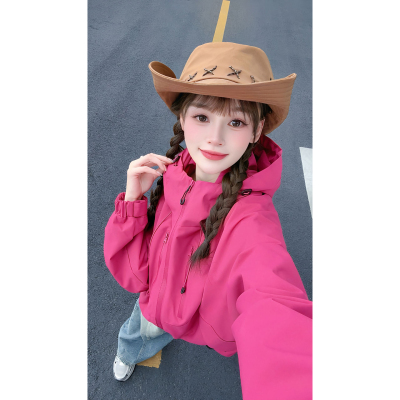 户外软壳冲锋衣男款玫红运动外套