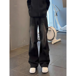 黑灰色美式弯刀微喇牛仔裤男秋冬褶皱铆钉工装裤子直筒宽松阔腿裤