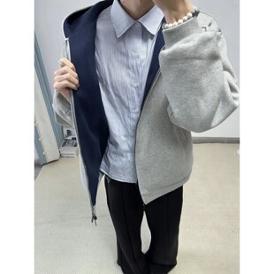 高克重磅美式连帽开衫卫衣男女秋季正肩硬挺拼色外套复古运动夹克