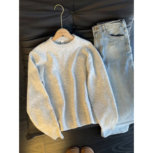 cleanfit灰色圆领毛衣男款秋冬加厚打底针织衫宽松美式慵懒风外套