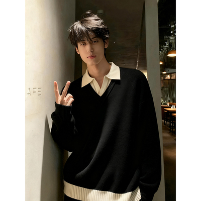 假两件polo领针织衫黑色翻领毛衣
