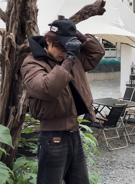 咖色羊羔毛领短款棉服男款冬季机能三防冲锋棉衣加厚飞行夹克棉袄