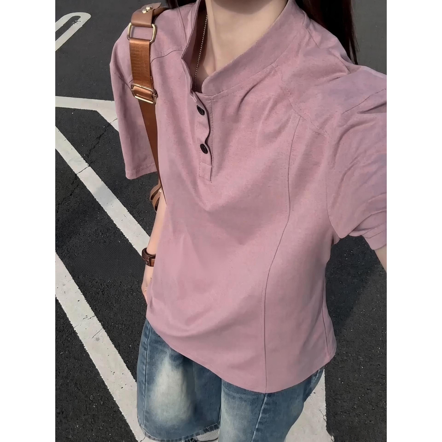 乌梅紫色亨利领短袖polo衫男夏季