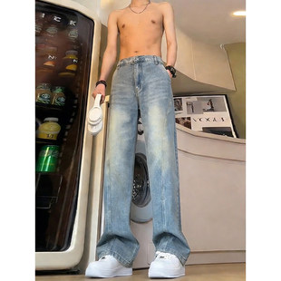 美式斜切微喇牛仔裤男秋冬复古蓝加绒弯刀裤子显瘦提档窄版直筒裤