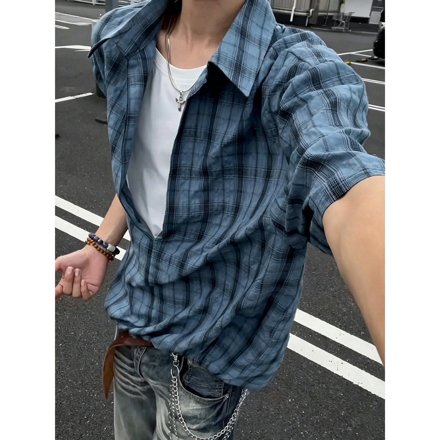 美式假两件短袖格子衬衫男款夏季图片