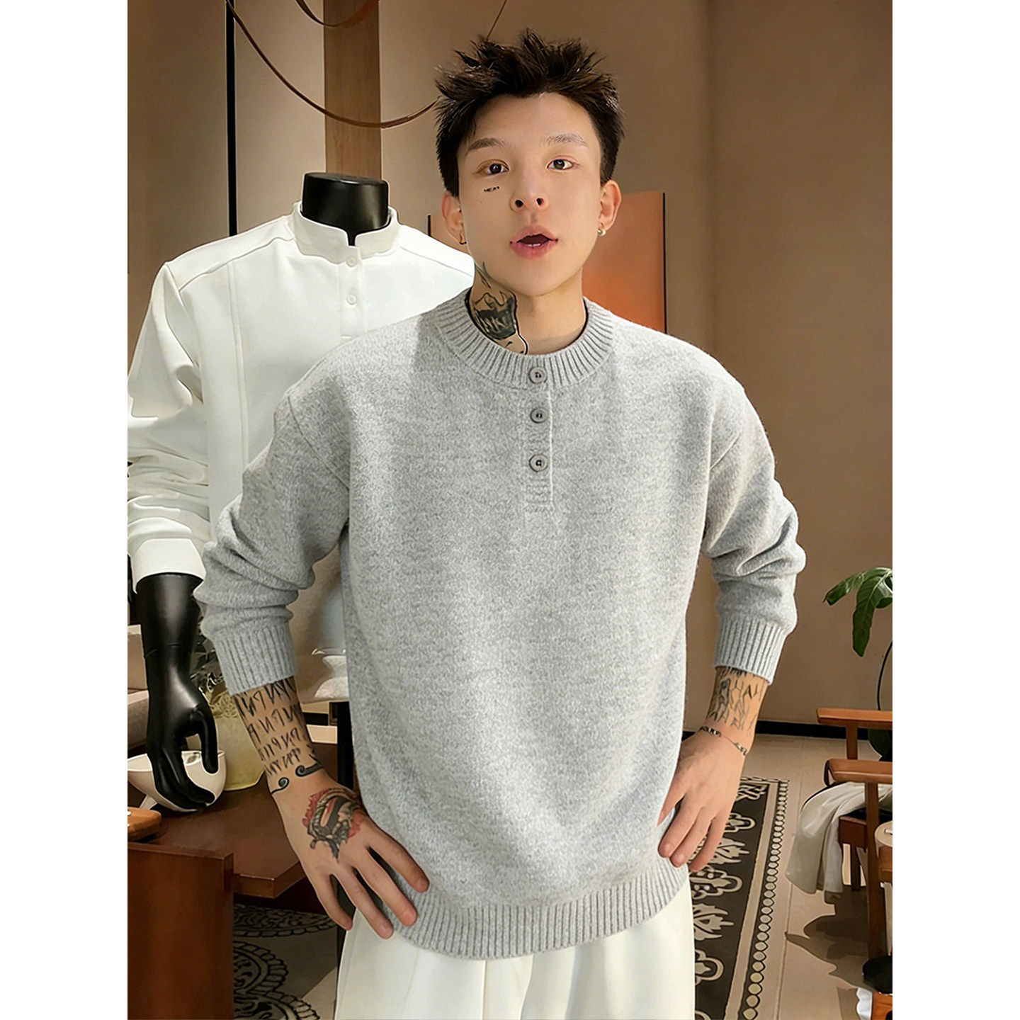 美式亨利领针织毛衣男款冬季内搭可外穿打底衫加厚休闲慵懒风外套,男装,针织衫/毛衣,淘宝优惠券,粉丝福利购,淘宝优惠卷