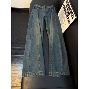 复古蓝加绒微喇牛仔裤男款冬季美式设计感裤子显瘦弯刀直筒阔腿裤