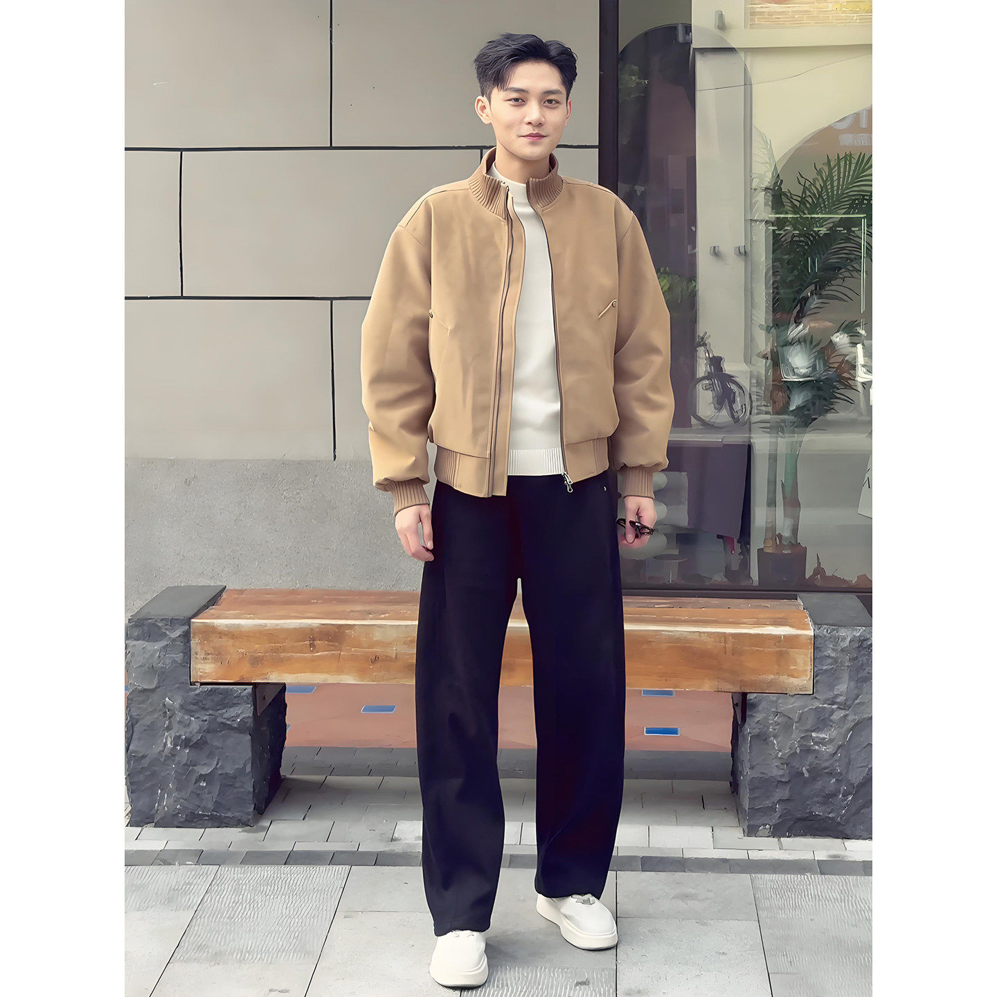 卡其色麂皮绒棒球棉服男款冬季加厚保暖棉衣外套立领飞行夹克棉袄