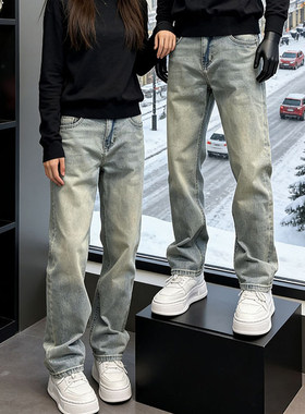 浅蓝色窄版修身微喇牛仔裤男款春季美式复古裤子弯刀显瘦直筒长裤