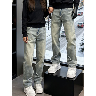 浅蓝色窄版修身微喇牛仔裤男款春季美式复古裤子弯刀显瘦直筒长裤