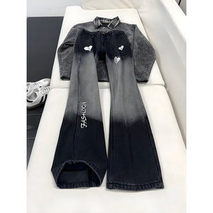 渐变加绒弯刀牛仔裤男款冬季爱心刺绣美式高街裤子显瘦直筒微喇裤