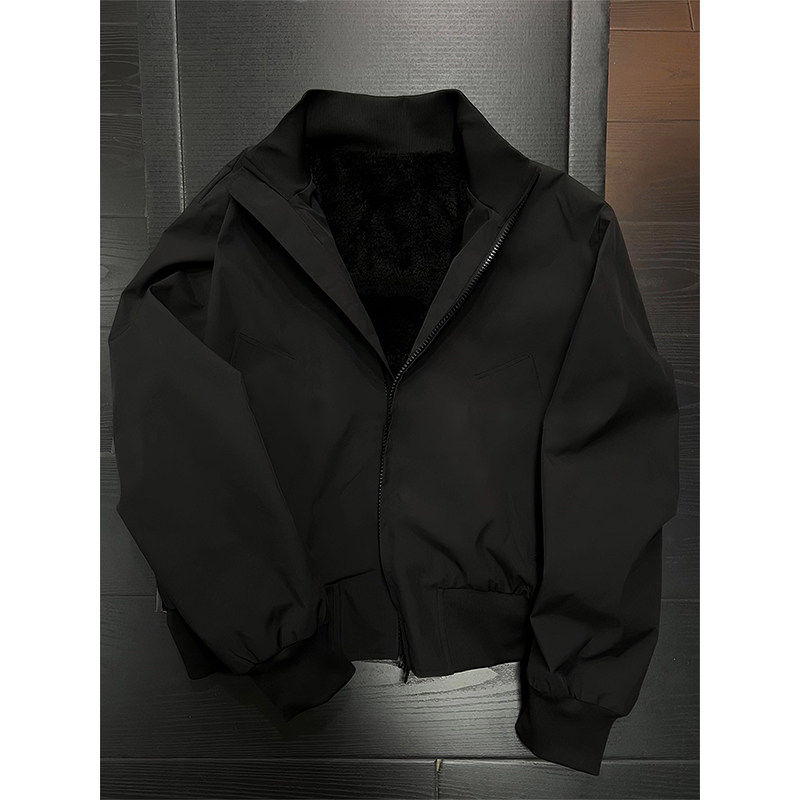 黑色立领加绒夹克棉服男款冬季设计感棉衣外套加厚保暖夹棉棒球服