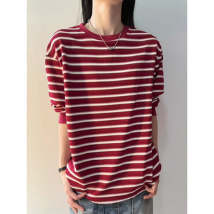 松弛红色条纹长袖t恤男女款秋季美式复古卫衣无帽正肩内搭打底衫