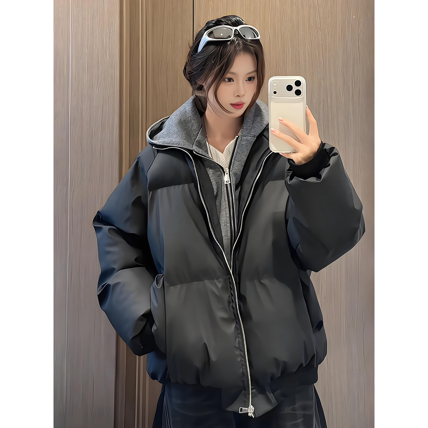 美式PU皮羽绒棉服男双层拉链棉衣