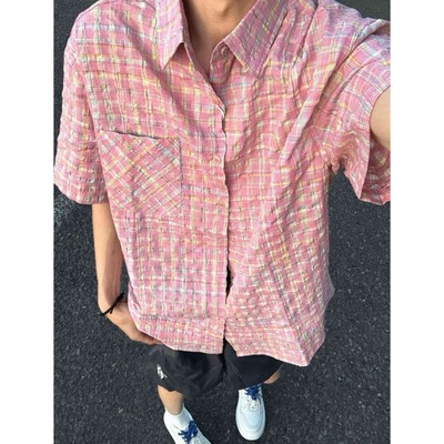 粉色泡泡纱格子衬衫短袖男夏季美式格纹防晒半袖高级感五分袖衬衣