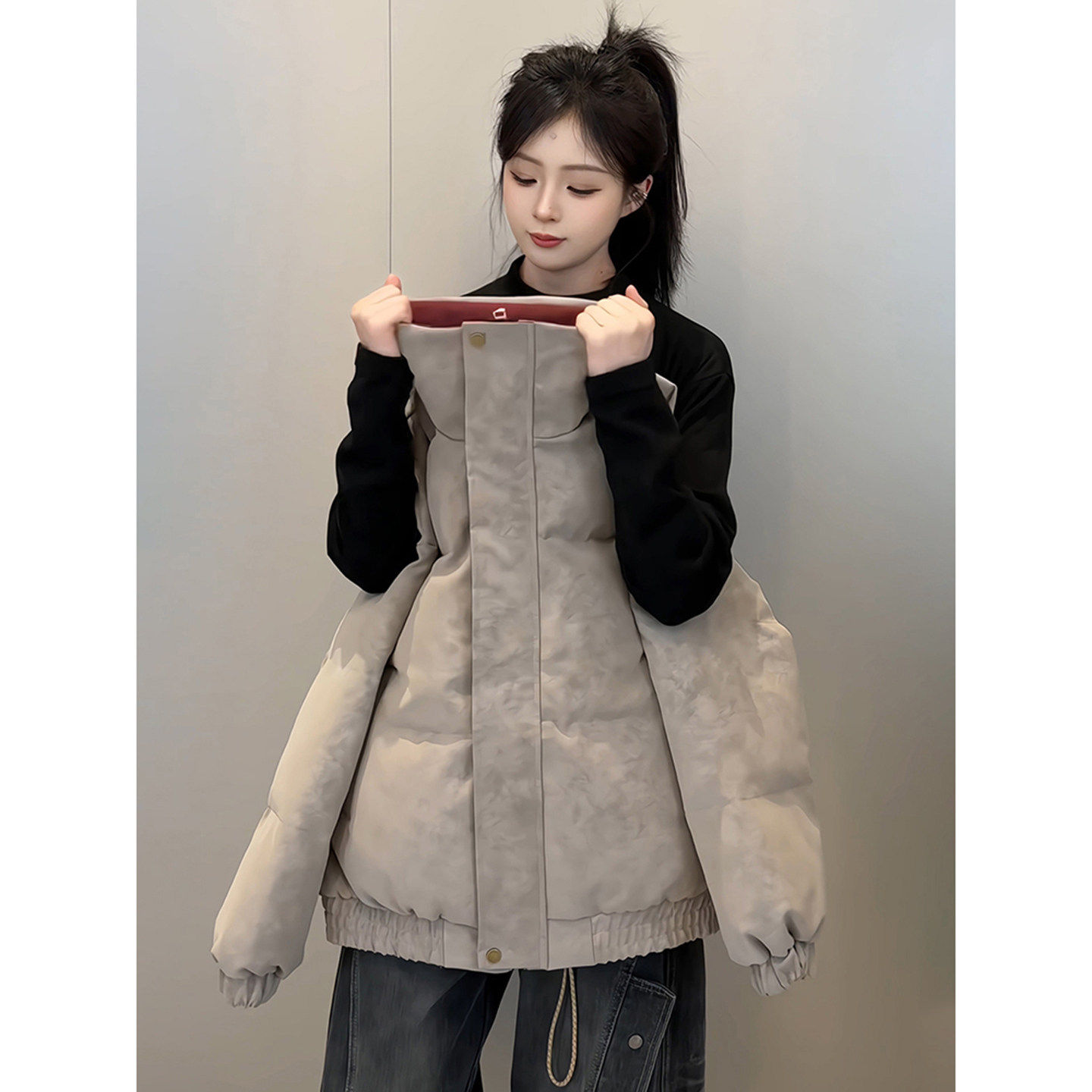 灰色美式立领羽绒棉服男女冬季美拉德pu皮衣棉袄三防厚外套面包服