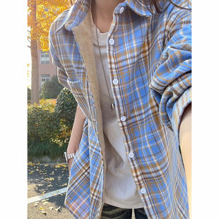 vintage黄格子加绒衬衫男女款秋冬加厚保暖衬衣美式翻领情侣外套