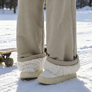 子直筒防寒户外加绒滑雪裤 加厚羊羔绒裤 男冬季 卡其色东北过冬棉裤