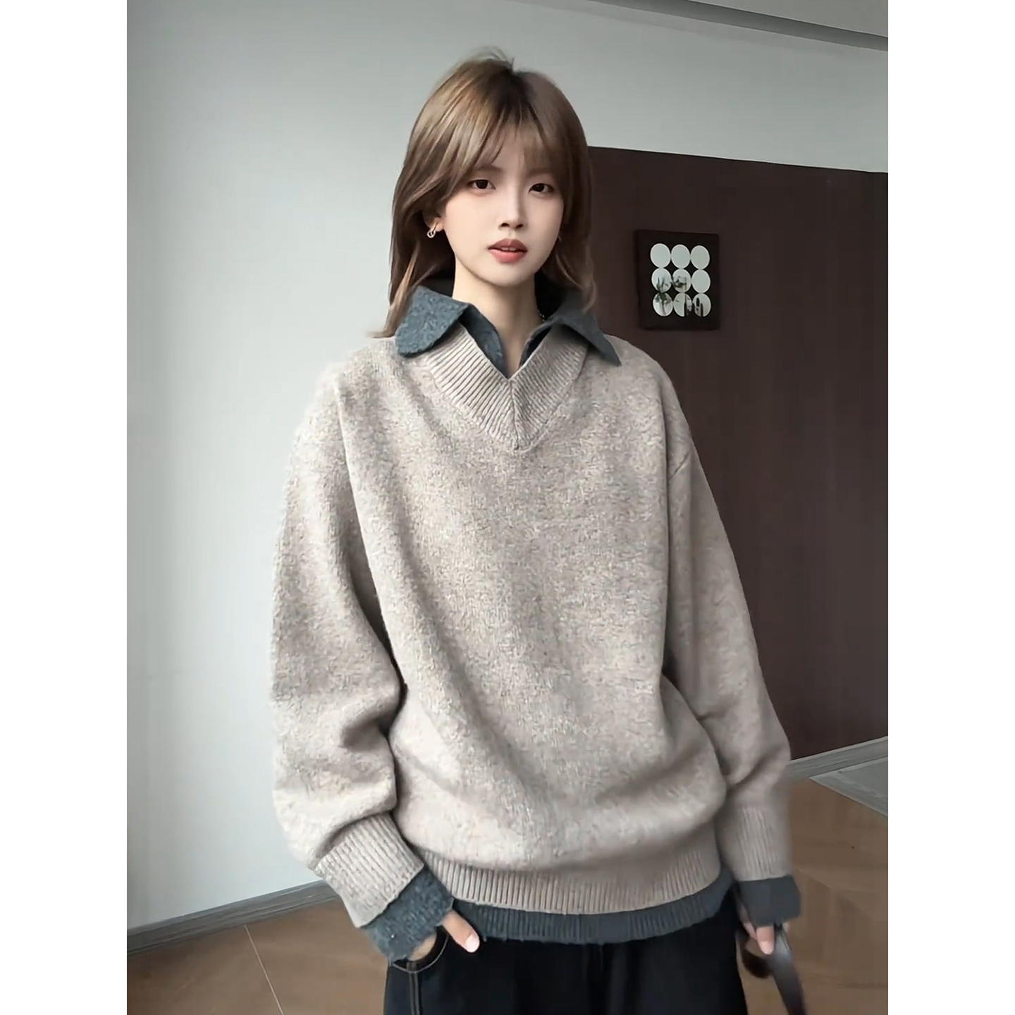 假两件v领长袖毛衣男款秋冬老钱风polo针织衫慵懒风美式复古外套