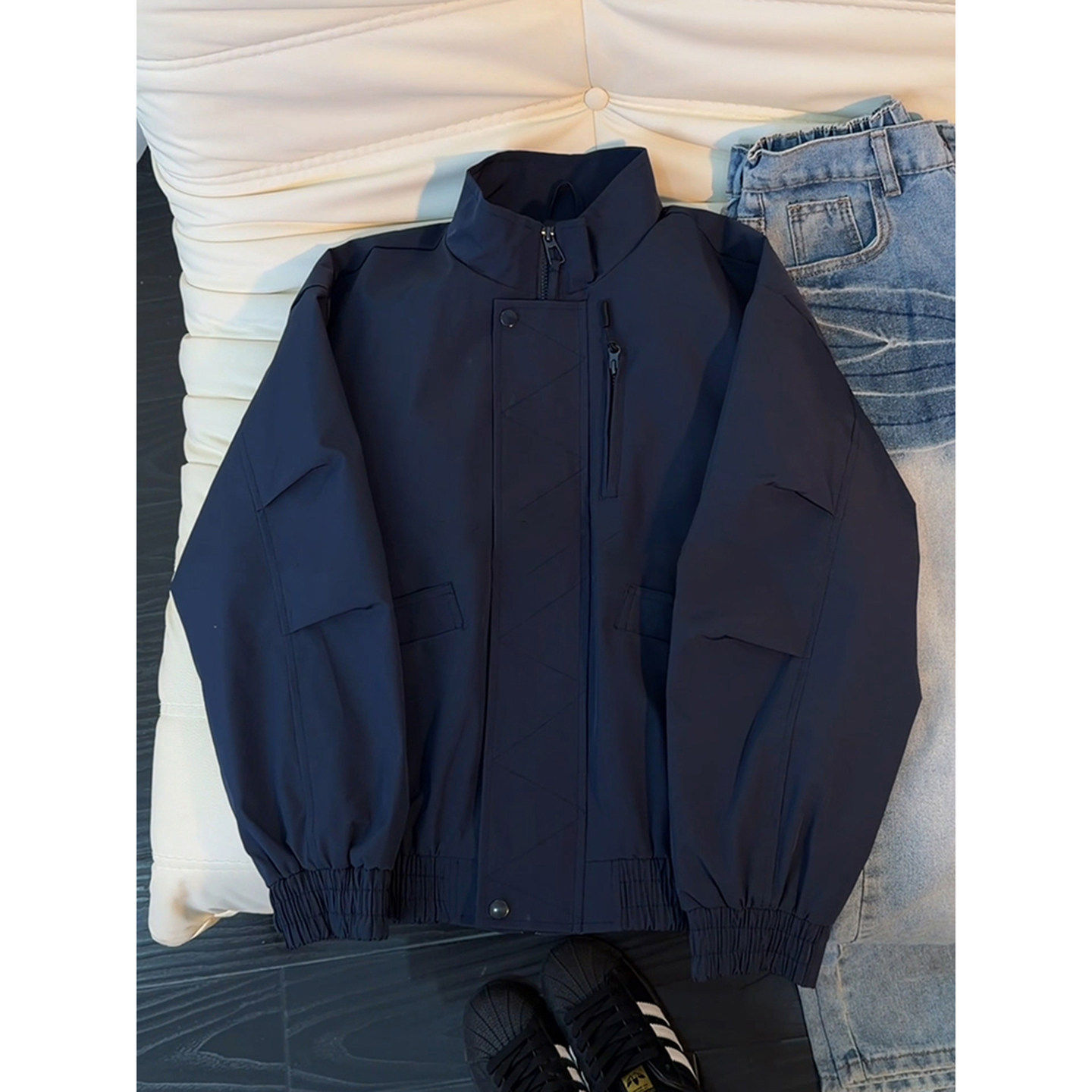 藏青色美式立领飞行夹克男春季廓形短款三防外套哈灵顿工装冲锋衣