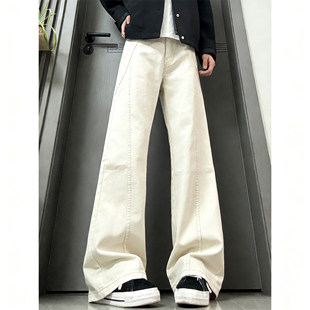 白色纯棉直筒牛仔裤男款秋冬加绒美式工装裤子斜切显瘦弯刀微喇裤