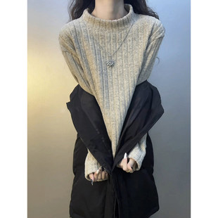 半高领条纹针织打底衫男女款秋冬肌理感卫衣正肩美式复古长袖t恤