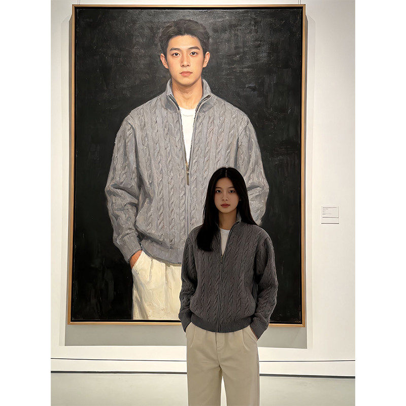 cleanfit深灰色绞花针织衫男款春季拉链开衫毛衣慵懒立领夹克外套