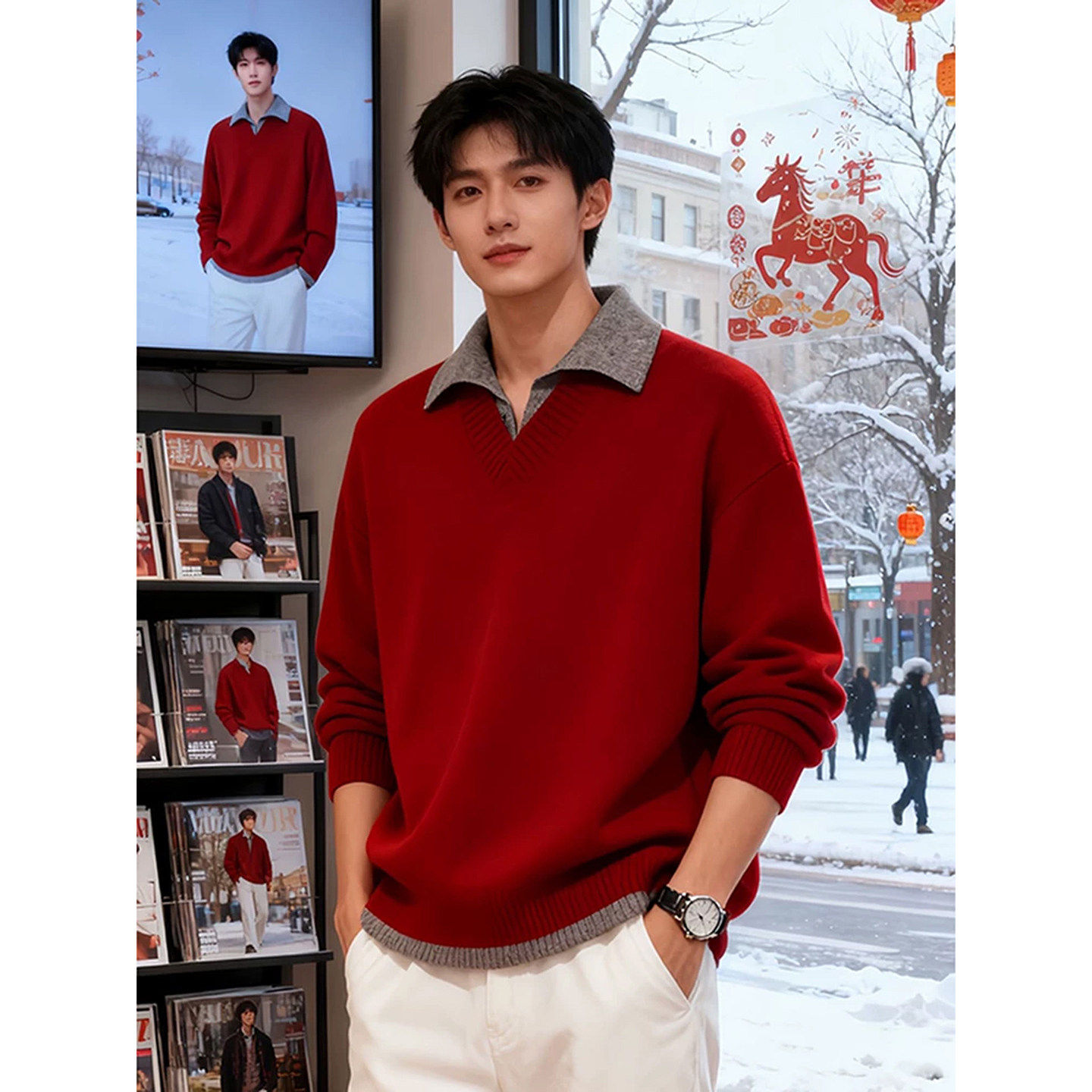红色本命年假两件毛衣男秋冬马年穿搭polo领针织衫轻奢人夫感外套
