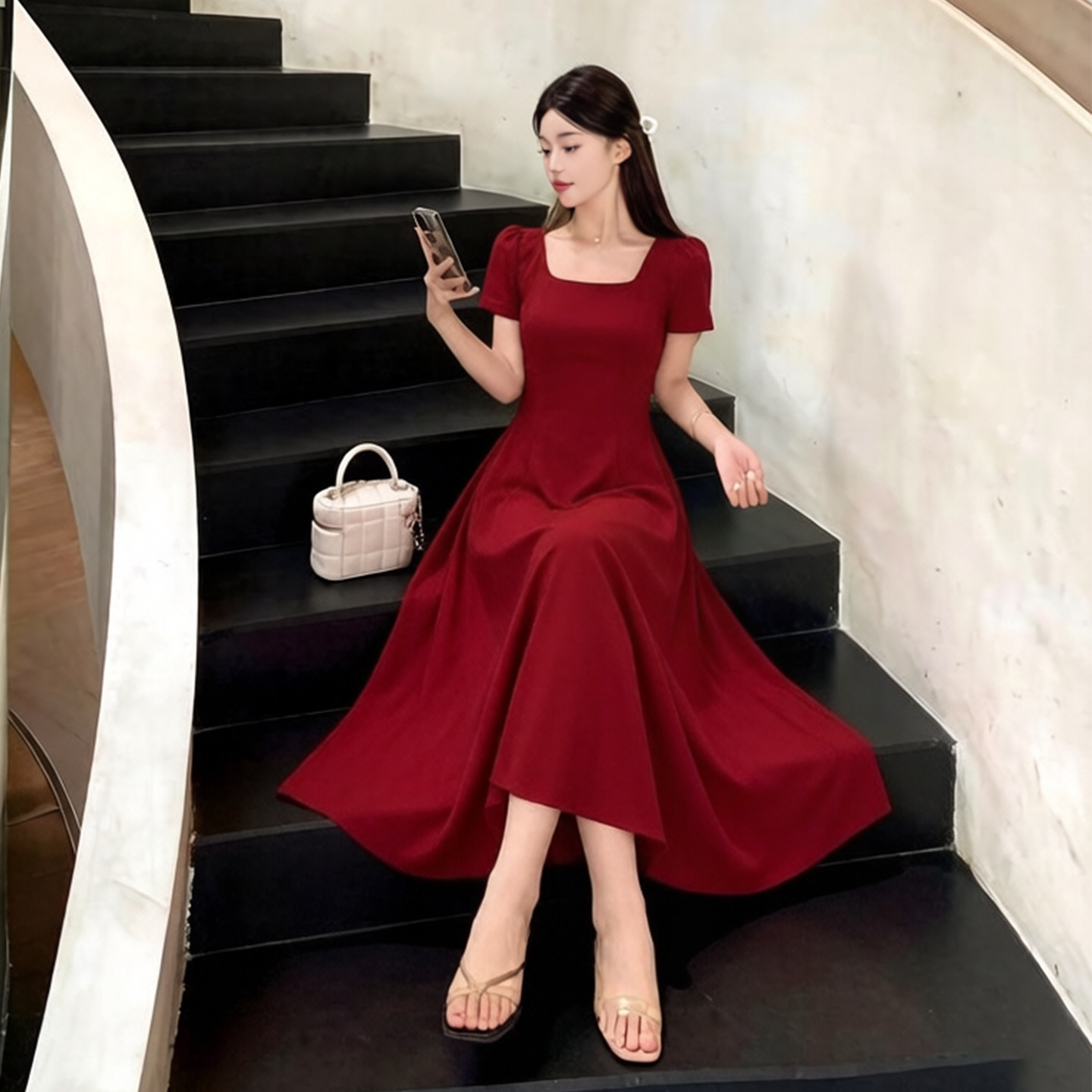 敬酒服新娘轻奢礼服红色长裙子夏天方领连衣裙女婚后便服独特漂亮