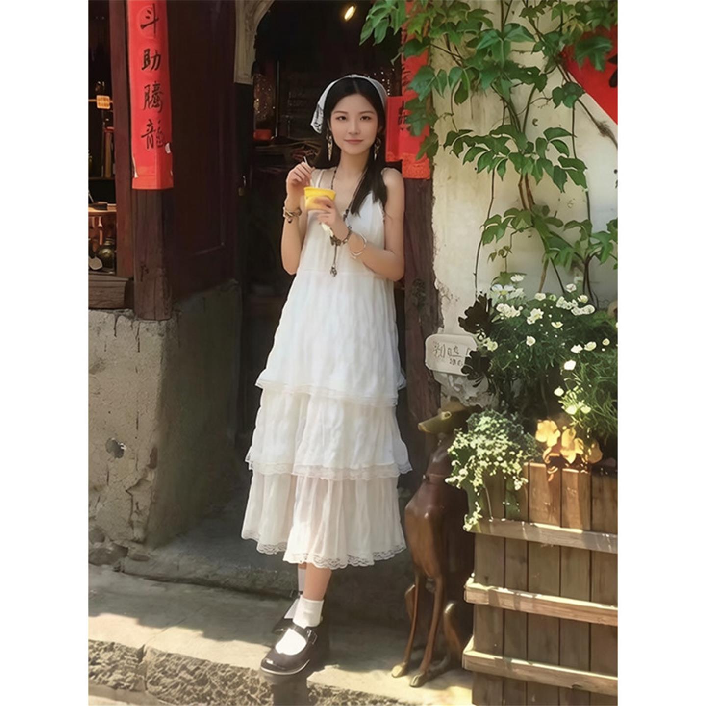 法式白色蕾丝吊带显瘦长款连衣裙图片