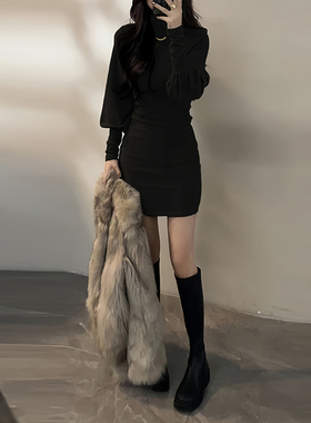 灯笼袖冬装连衣裙女秋冬季黑色内搭打底包臀裙子修身小个子高级感
