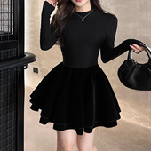 生日加绒加厚蓬蓬裙冬季 赫本风黑色连衣裙女千金内搭裙子短款 冬装