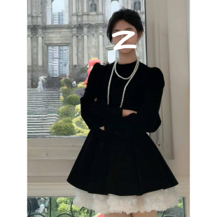 裙子秋冬季 短款 气质黑色蓬蓬连衣裙女晚礼服长袖 小黑裙赫本风法式