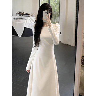 白色法式连衣裙女小个子小礼服长袖伴娘服长裙子冬装小白裙冬季