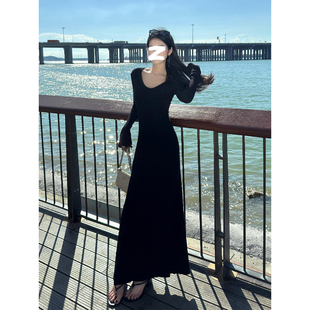 黑色长款裙子v领针织冬季连衣裙女秋冬小个子冬装高级感大衣内搭