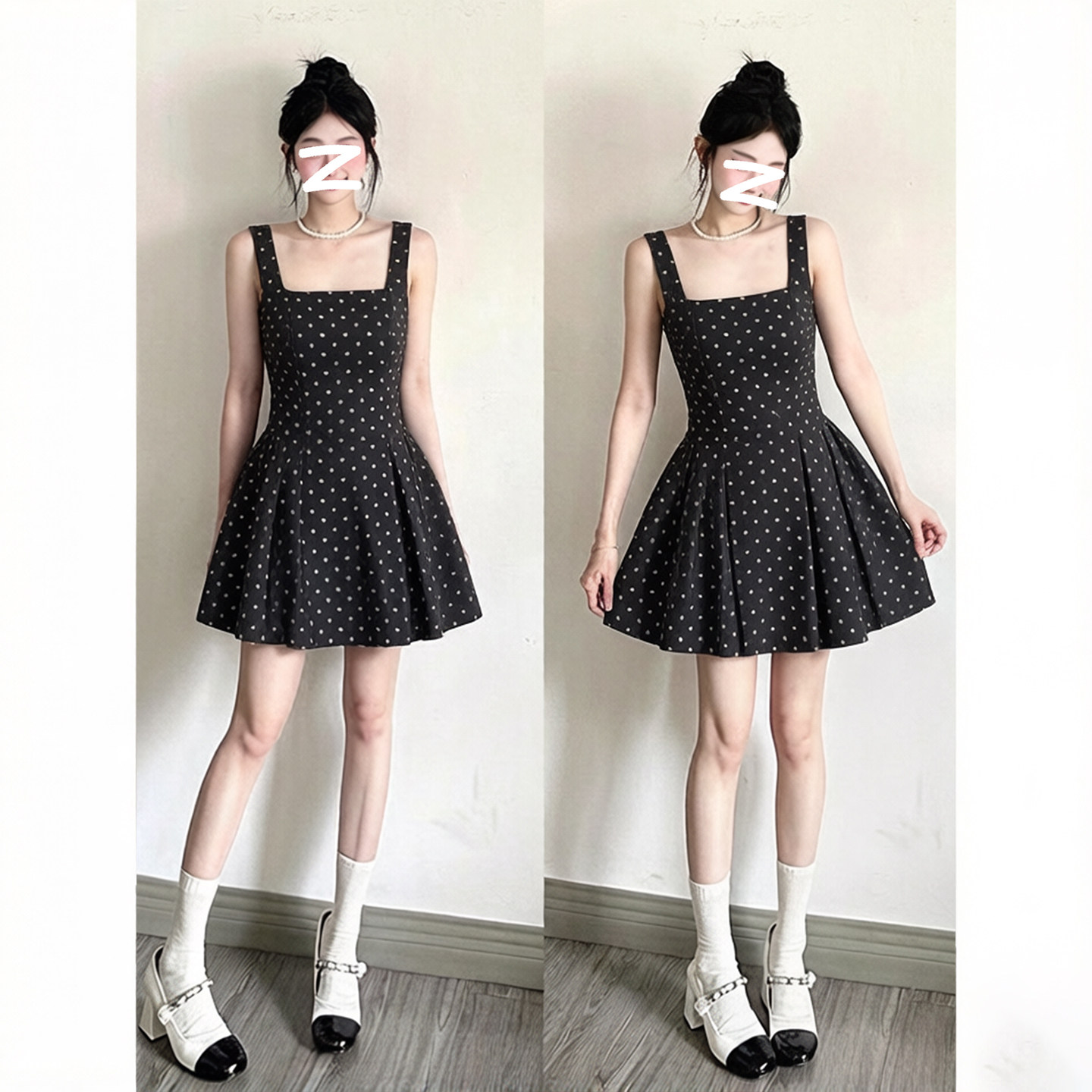 法式方领黑色波点吊带连衣裙女夏日绝美收腰初夏精致短款裙子气质