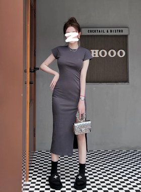 灰色连衣裙女高个子小妈开叉包臀长裙子性感后妈修身紧身2025新款