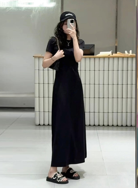 黑色连衣裙女修身半袖绝美长款到脚踝高级感裙子a字气质2025新款